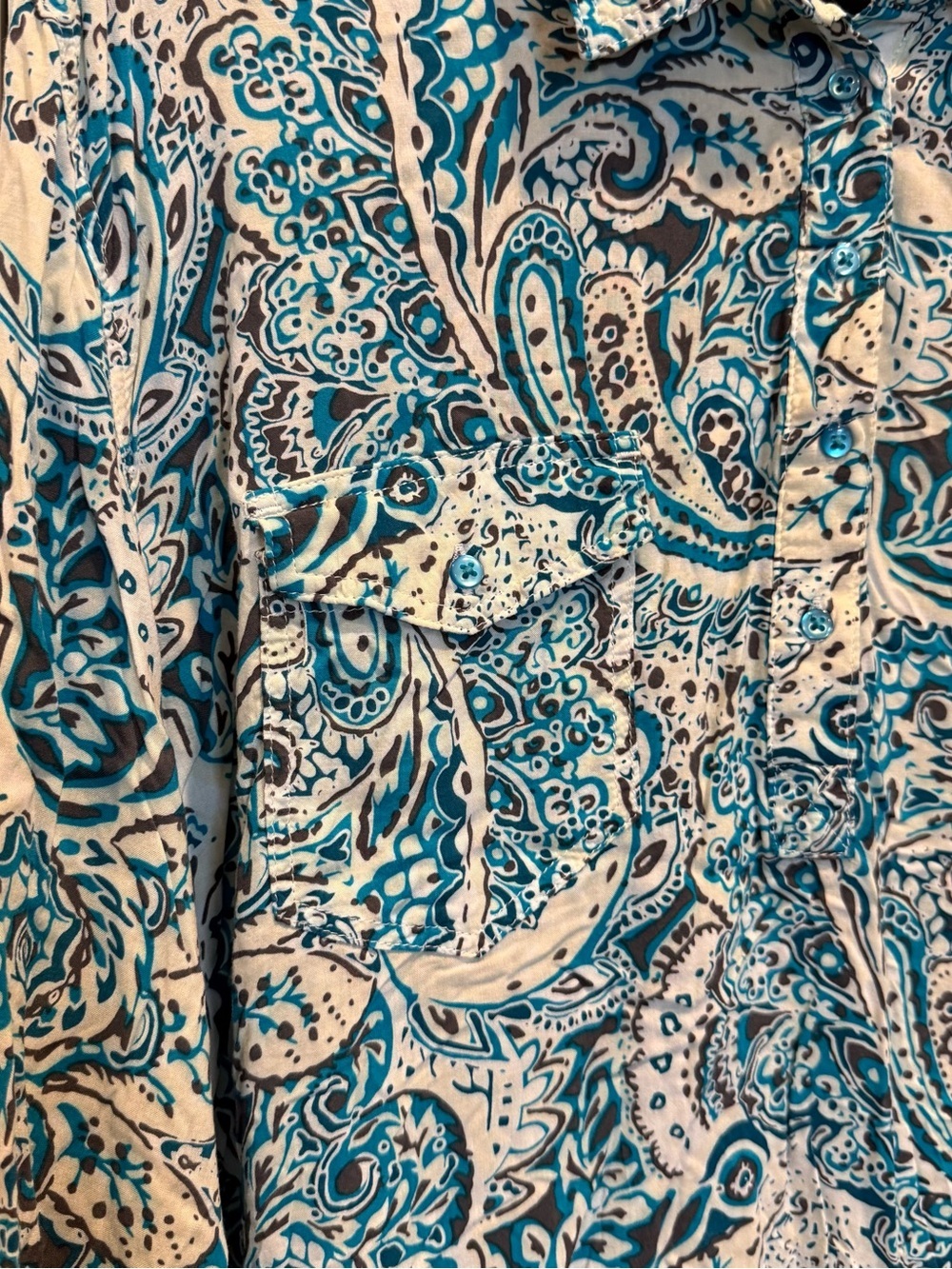 SOLD!!! White and Teal Paisley Shirt Dress - Picture 5 of 7